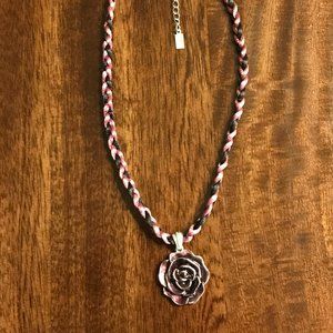 1928 Pink/Purple Silk Cord and Enamel Rose Necklace
